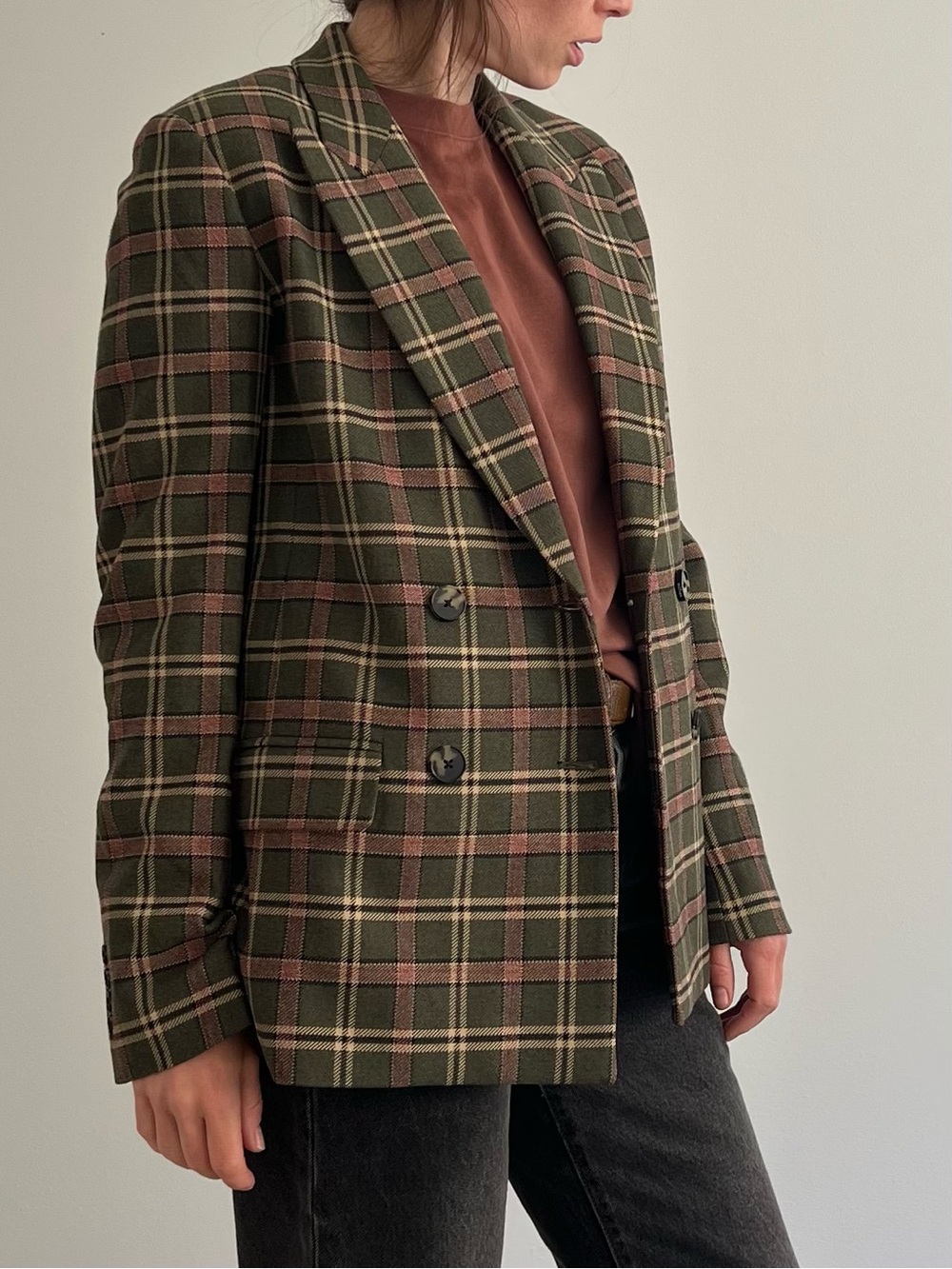 Wilfred (Aritzia) Olive and Brown Plaid Double-Breasted Blazer